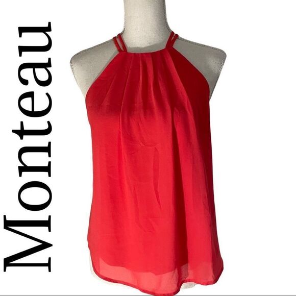 MONTEAU- Halter Tank Top, Pleated NeckLine, Double Straps, Size S - Picture 1 of 7